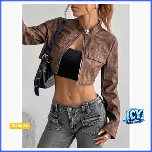 Faux Leather Cropped Jacket Vintage Zip Up Stand Collar Moto Biker - Picture 5 of 5